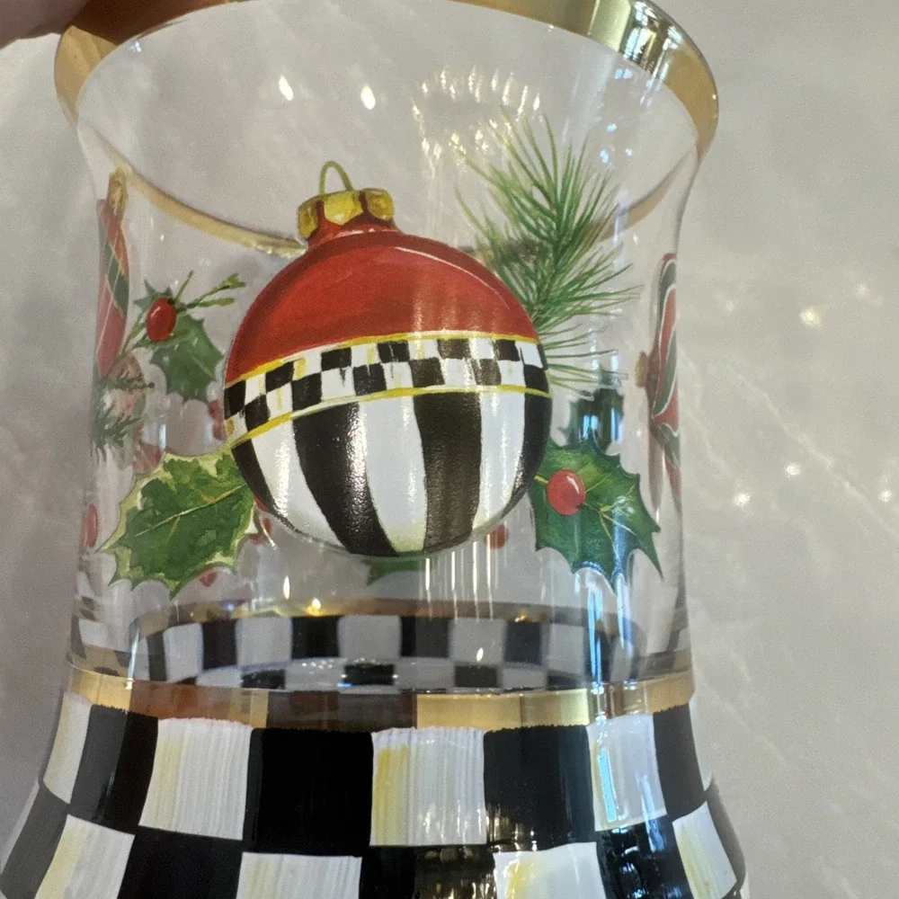 MacKenzie-Childs Deck the Halls Tumblers Set 2 Gold Rim Glass 8oz NEW